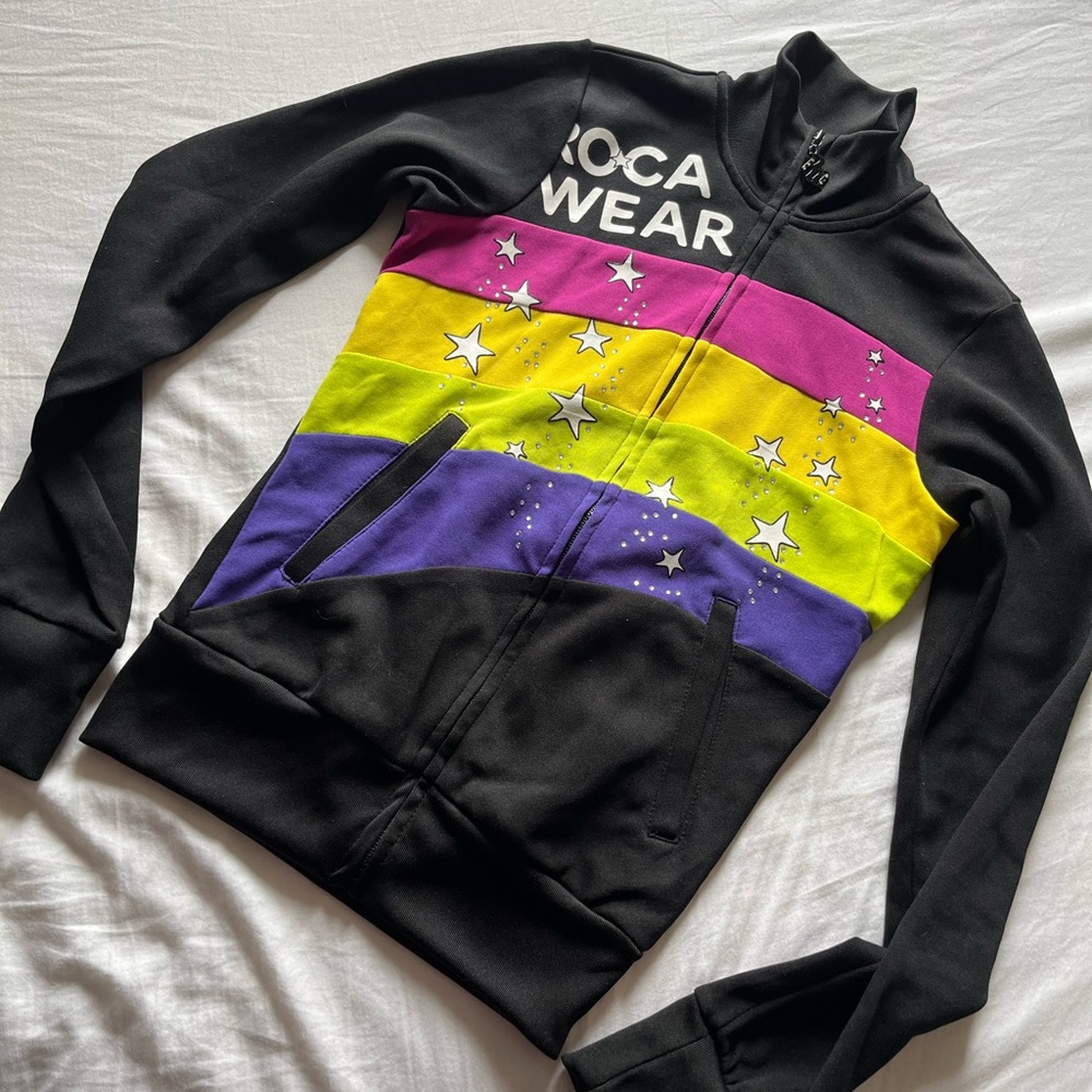 Y2K Rocawear Women's Black, Yellow, and Purple Sweater